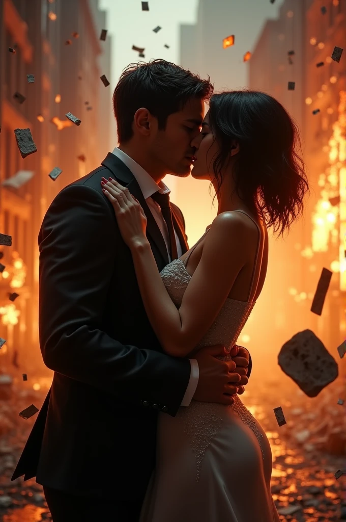 Leon Scott Kennedy Together with Ada Wonk in a passionate kiss during a mission where both are in danger and there is fire and debris everywhere