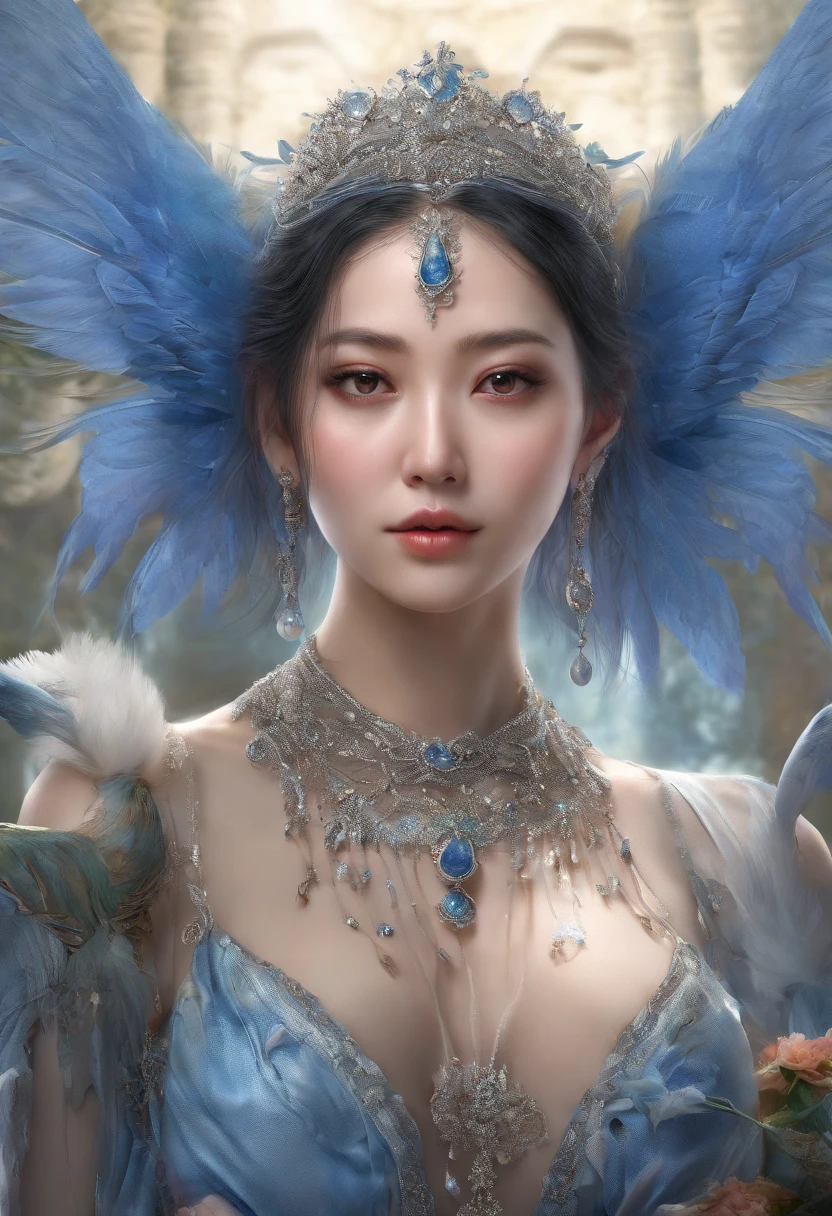 an oriental goddess,Arya,Long flowing blue hair,Wing head decoration,Big breasts.thin waist,nude,Transparent lace dress,Wings Shoes,bouquet in hand,best quality,masterpiece,Ultra-high resolution(2:0),