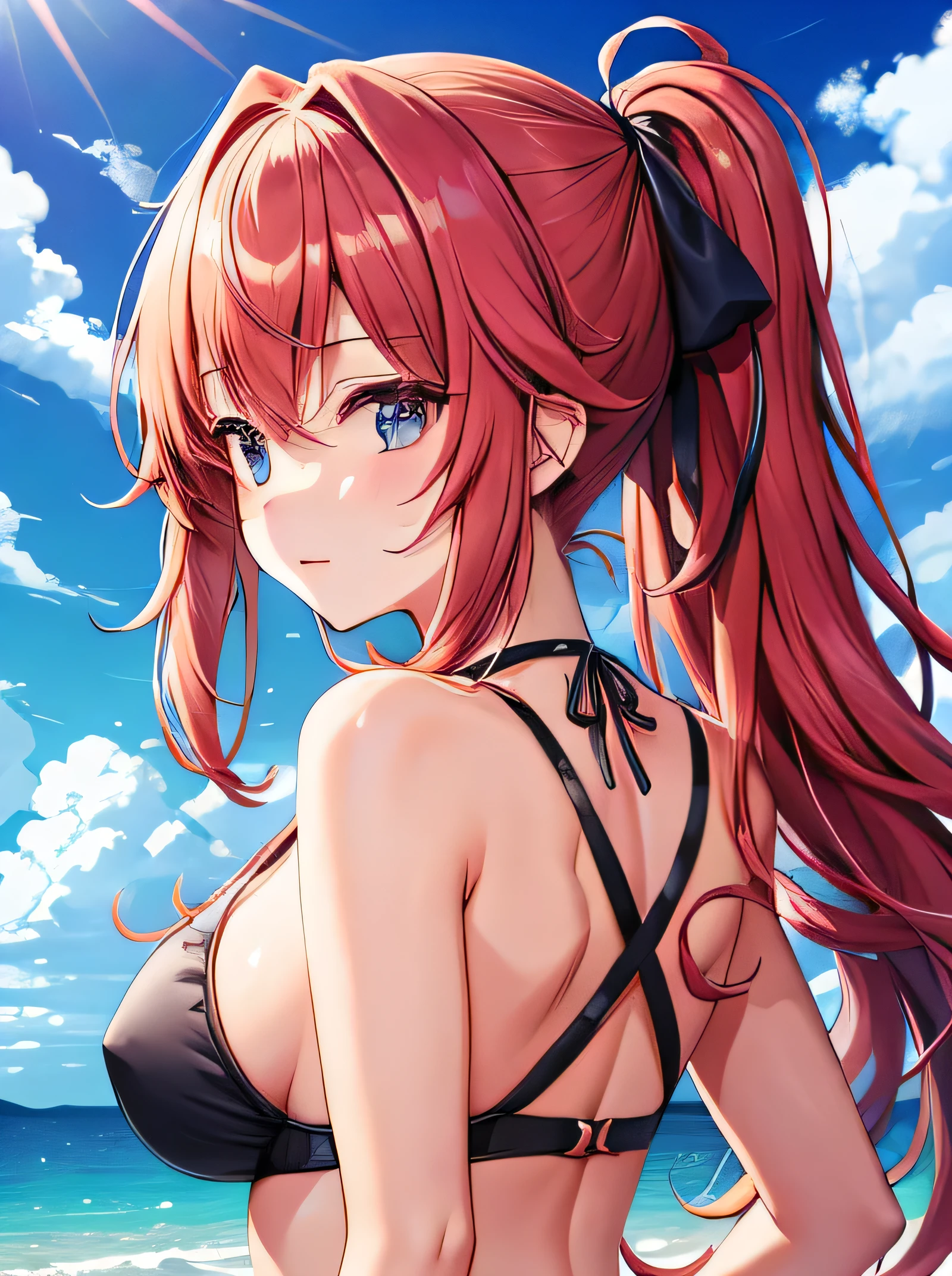 ((massive boob)), cleavage, chubby, big butt, see through bikini, sweaty, cute face, small face, summer, long hair, red hair, pony tail, girl, sweaty, blue ocean, blue sky