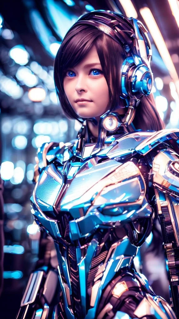 Wide-angle shot, 1 female, Mecha, Sparkling Blue Eyes, Very cute face, (Realistic:1.37), バイオMechaニカル, Spaceship interior bokeh background, Ultra-realistic, Very detailed, Very intricate details, Beautiful woman in focus