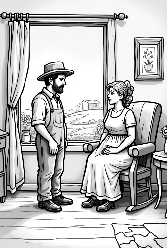 Create a black and white drawing type image ,that doesn&#39;t look realistic , about a farmer and his wife sitting in the living room of their house , as if they were having a conversation. the mouth to the man and the woman as if they were talking. Add more things to the room. Now take a little off them 