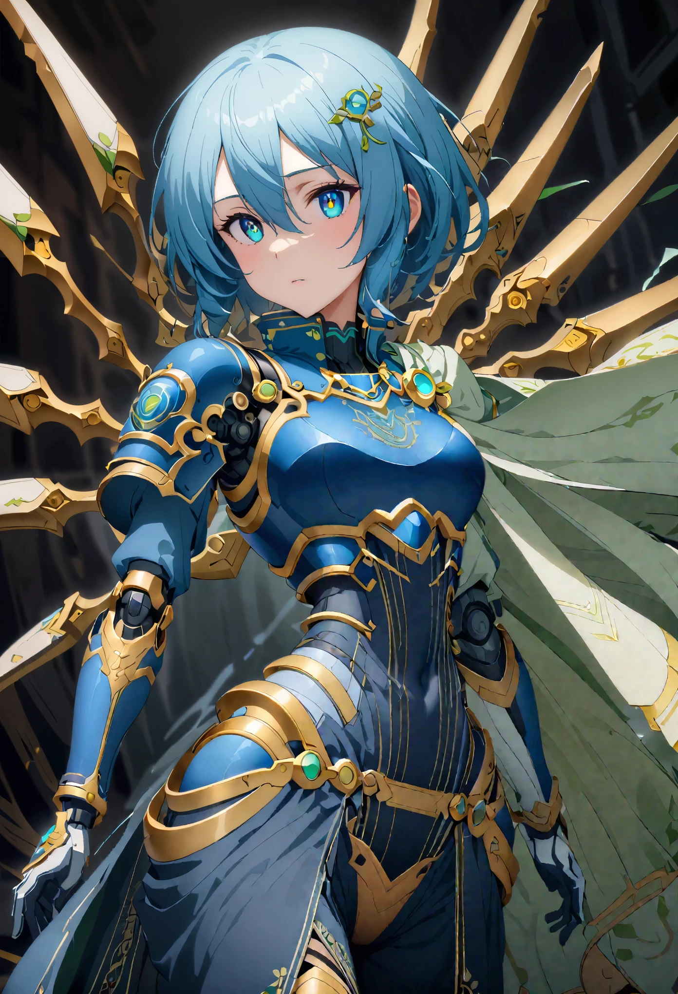 alone, 1 person, Androidsinonsolus, shino asada, short hair, bangs, blue eyes, hair ornaments, Hair between the eyes, Blue Hair, Side Lock, elongated pupils, gloves, Long sleeve, wing, white gloves, armor, shoulder armor, breastplate, blue armor,, arms, Focus on women, Cape, armor, Androidization、Robotization, Handguard, Waist wrap skirt, breastplate, full armor，Thigh-heeled boots, Robot-like joints、Anatomically correct mechanical body　(((masterpiece)))， ((Highest quality))， ((Intricate details))　(8k)、Full Body Shot
