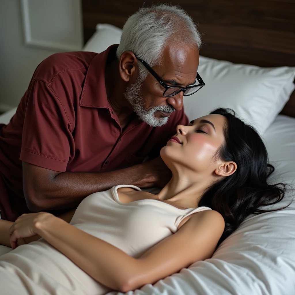 black skinned grandpa squeezes the breasts of a beautiful white skinned Korean woman who is lying down