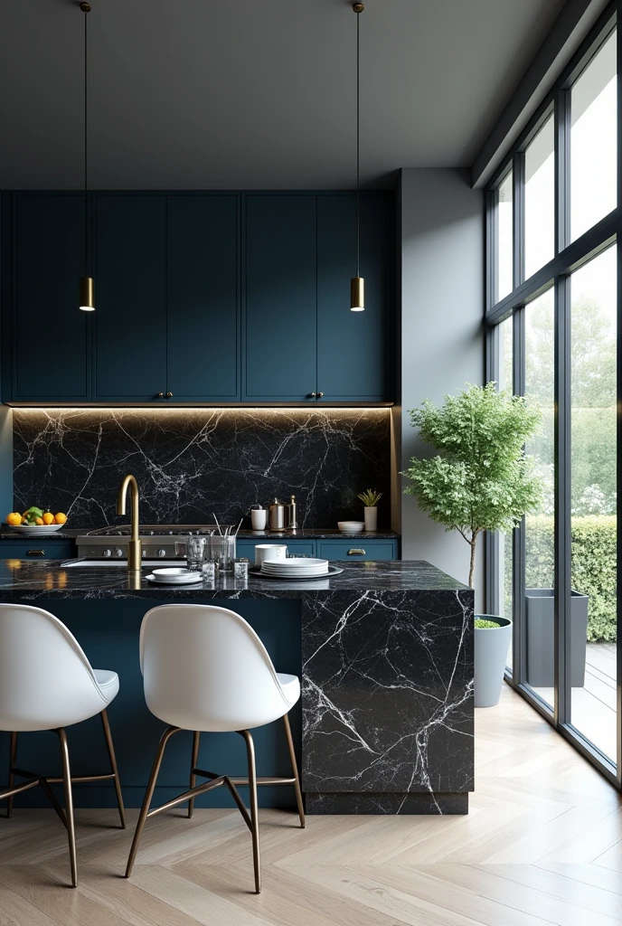 Professional 3d architecture rendering design of modern kitchen with   So dark blue vintage and dark gray and  white  modern  white French design chairs  shiny  black   marble island island and modern windows 