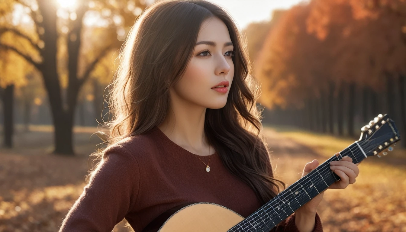 Ultra-Realistic Capture,18k,RAW Photos,Highest quality,masterpiece,reality,Very detailed,Sharp Photos,Very beautiful woman,Acoustic guitar,Magazine Cover,autumn,Portrait,Large Breasts,