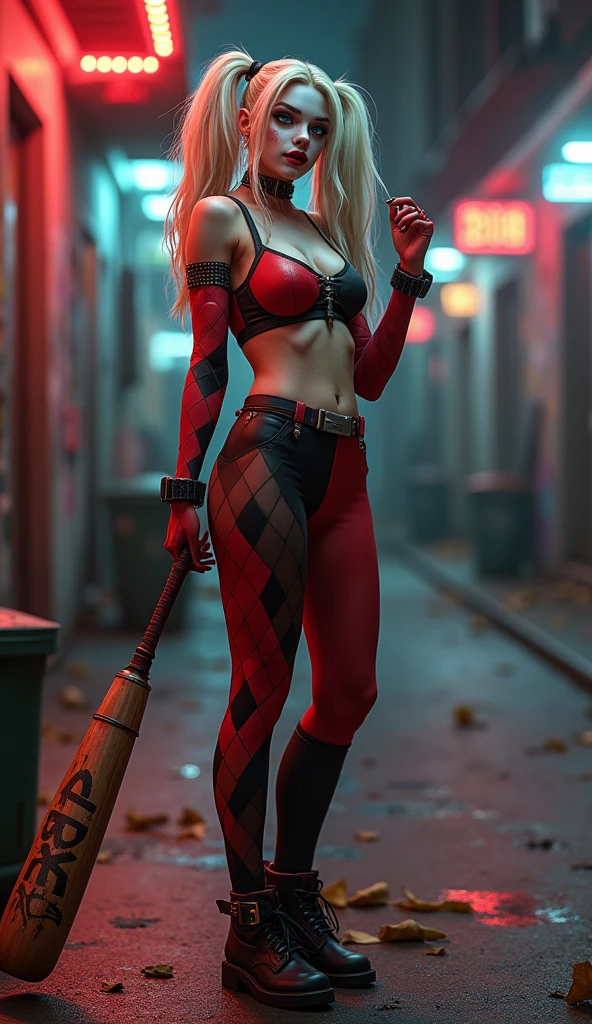 (Harley Quinn:1.5) (blonde hair in pigtails:1.3), blue eyes, detailed eyes, detailed lips, (sexy, sensual,chaotic, full body:1.5), (urban street at night with neon lights, Gotham cityscape:1.3), night photo, (photo from many different angles:1.5), red and black outfit with diamond patterns, baseball bat, white face makeup with a mischievous smile, black boots, ray tracing, (best quality, 4k, 8k, highres, masterpiece:1.2), ultra-detailed, (realistic, photorealistic, photo-realistic:1.37), HDR, UHD, masterpiece, professional, vivid colors, bokeh, studio lighting. A beautiful woman with a slender, athletic build and a playful yet dangerous demeanor. She has a toned, agile body that reflects her acrobatic skills and unpredictability. Blonde hair styled in pigtails, with the ends dyed in contrasting colors (typically red and blue). The hair should have a playful, slightly messy look. Striking blue eyes that convey mischief and intensity. The eyes should be detailed, with a slight sparkle to reflect her chaotic nature. Detailed and full, often with a bright red lipstick that adds to her iconic look. Red and Black Outfit: A form-fitting outfit with diamond patterns, designed to be both functional and stylish. The outfit should highlight her athletic build and playful personality. A wooden baseball bat held in her right hand,(Harley Quinn V2), The bat should have a worn, detailed texture with graffiti or markings.White face makeup with a mischievous smile, adding to her clown-like appearance. The makeup should be detailed and slightly smudged to reflect her chaotic lifestyle. Knee-high black boots that are both practical and stylish, completing her iconic look. The boots should have a slight shine and detailed stitching.
Urban Street at Night: The background features an urban street bathed in the soft light of neon signs and city lights, with Gotham’s gritty atmosphere creating a dramatic setting. The street should have various urban elements, such as graffiti, trash cans,