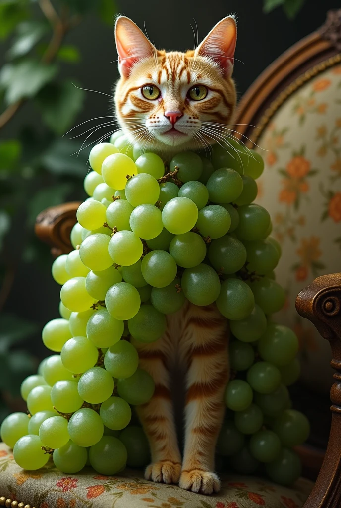 The cat has a suit made of green grapes.