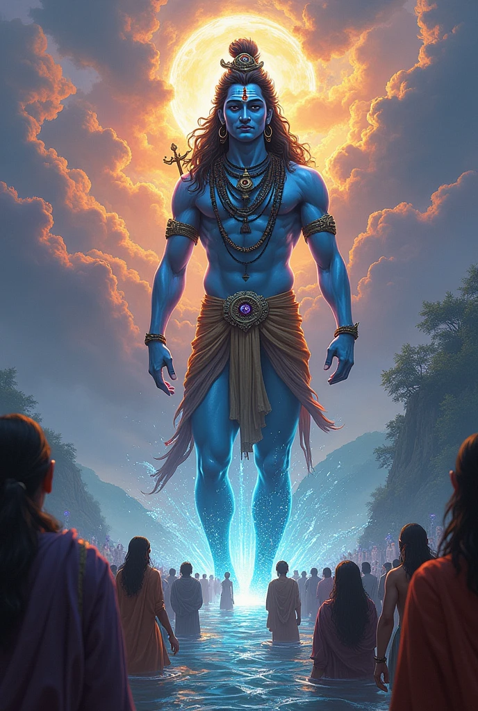 God shiv colourful , ganga flow from head, mant people prey , long , blessing to people, 