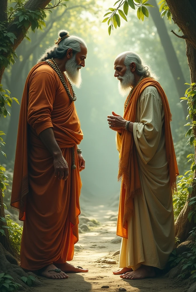 The saint approaching the sadhu** with a determined expression, while the sadhu slowly opens his eyes, remaining calm and composed.