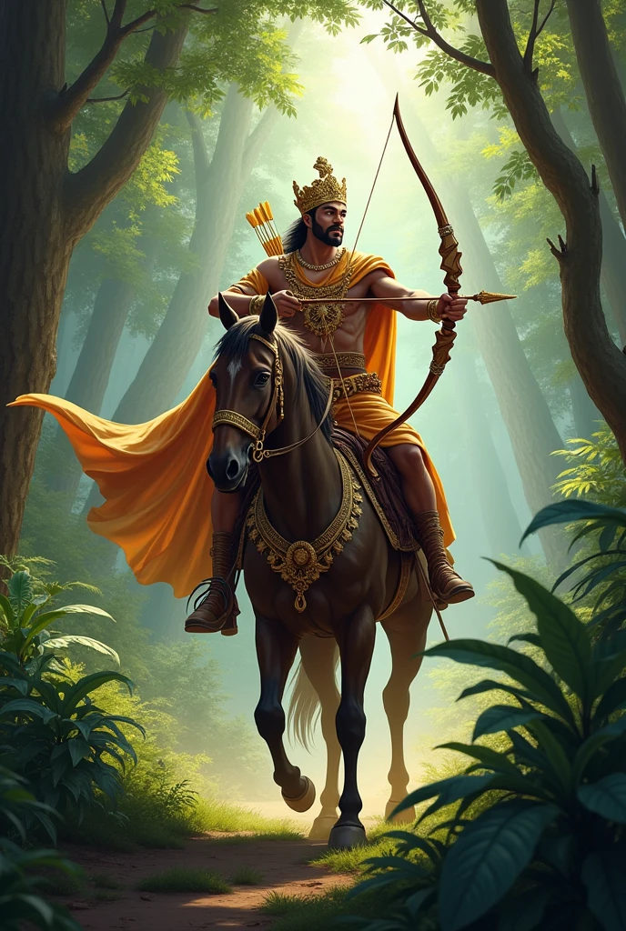 Raja ne shir par sone ka mukut pahana tha or vo jangle me ghode par bete huye the or vo Apne dhanush se shikar kar rahe the