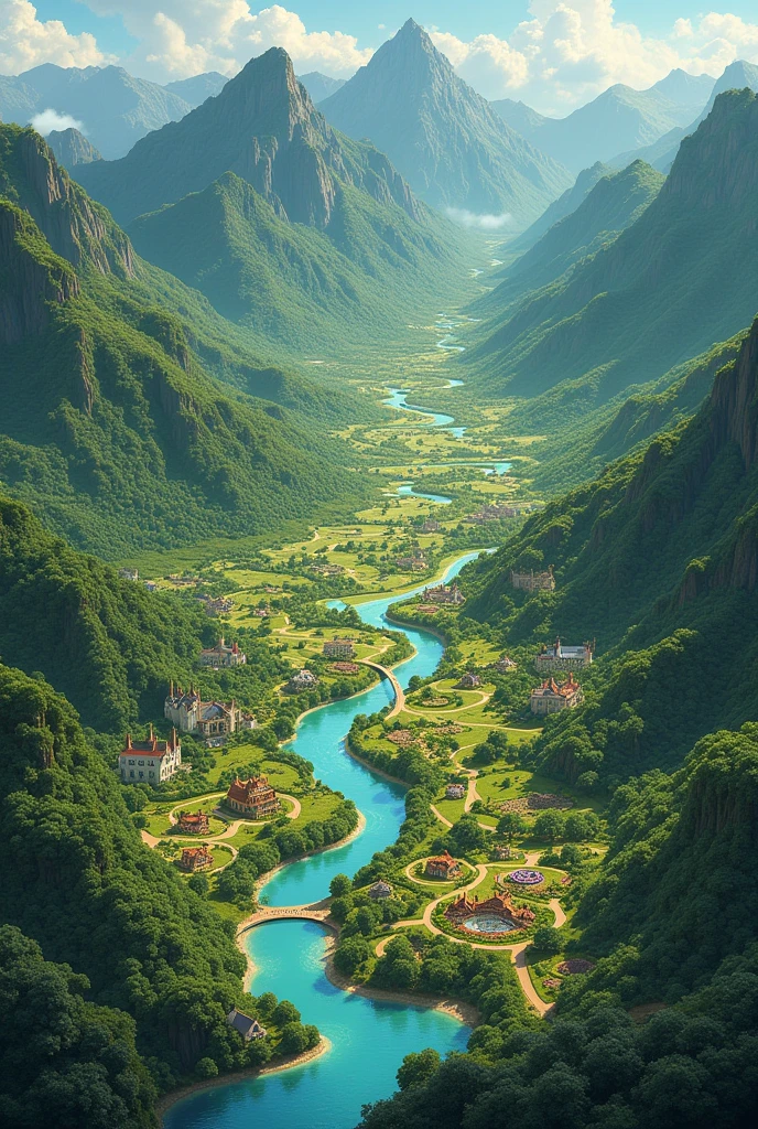Make a map In the world, the Kingdom of Regalia is a country located in the middle of a fertile valley and surrounded by green mountains. The kingdom is famous for the beauty of its magnificent gardens, which are filled with different types of magical flowers and rare plants.