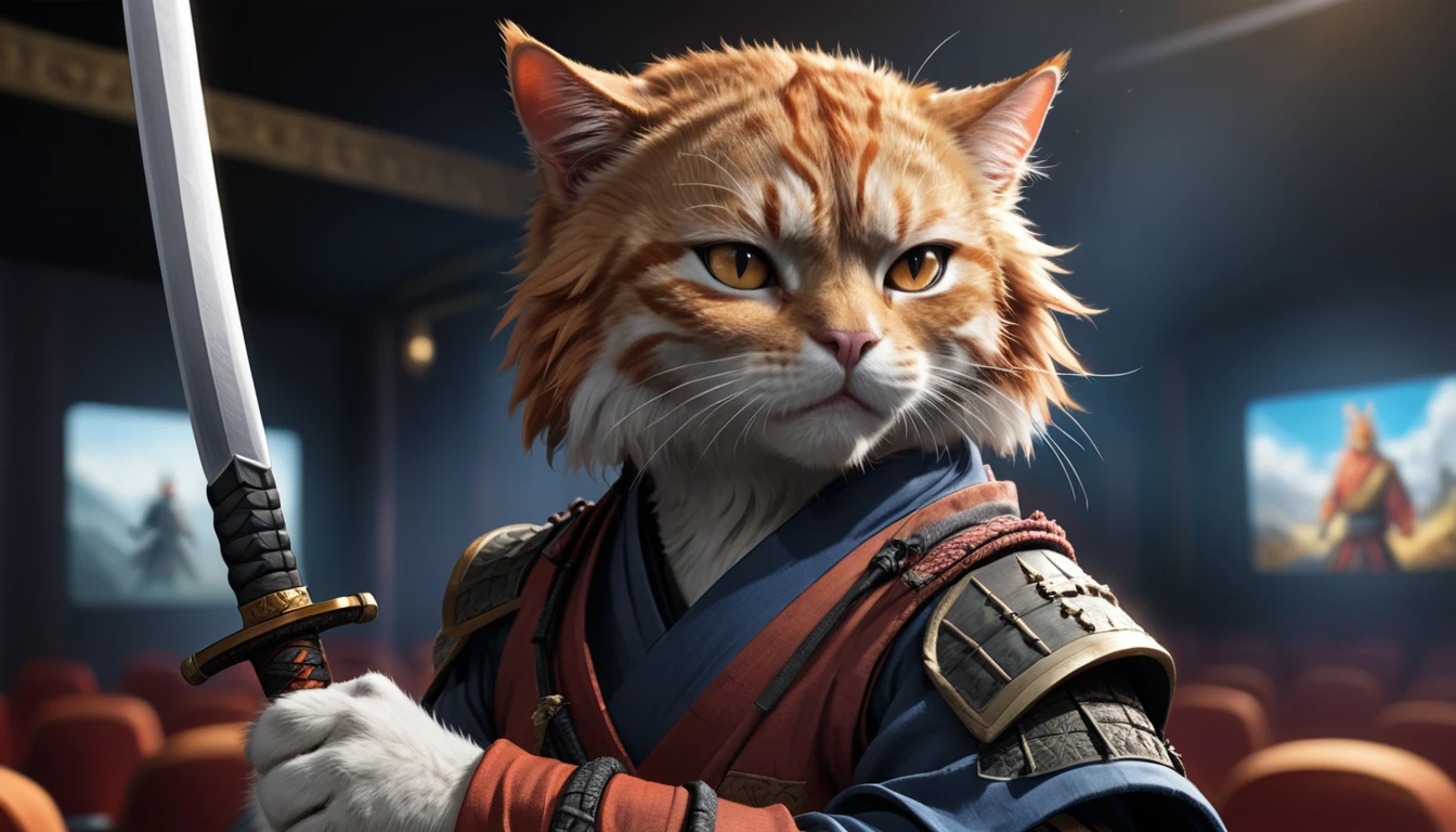 (close-up movie theater),samurai cat, battlefield,  2 days, colorful, bright atmosphere,holding a sword,Orange cat