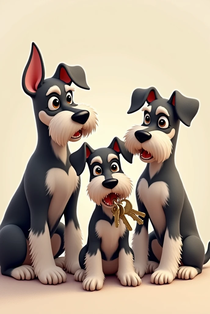 A relatively young Schnauzer dog holding a pair of apartment keys in its mouth, with two taller Schnauzer dogs around it., One of the dogs around must have its ears pricked up., It must be a very tender and advertising image for a real estate rental business.