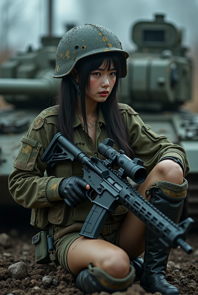 Photo-realistic, ultra-realistic, (very beautiful Japanese, famous Japanese idol:1.3), (Fully equipped for battle:1.5), holding m4a1 large assault rifle, (amazing view of tough battle:1), (painful impressions, crying:1.3), (wearing an army soldier's Camouflage outfits with military helmet:1.5), (at a battle field of Abandoned Building at night), very large breasts, (tactical vest, military harness:1.3), (military long boots:1), dynamic angle, spectacular, (sitting at the side of main gun of a running large tank:1.3), (muddied, damaged wears, damaged body:1.3),