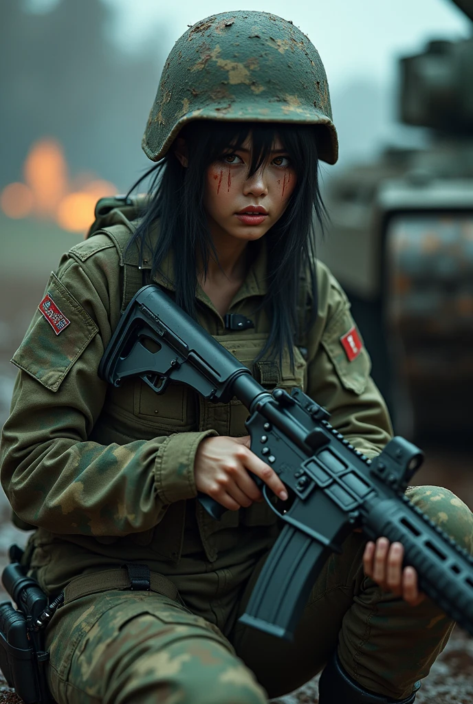 Photo-realistic, ultra-realistic, (very beautiful Japanese, famous Japanese idol:1.3), (Fully equipped for battle:1.5), holding m4a1 large assault rifle, (amazing view of tough battle:1), (painful impressions, crying:1.3), (wearing an army soldier's Camouflage outfits with military helmet:1.5), (at a battle field of Abandoned Building at night), very large breasts, (tactical vest, military harness:1.3), (military long boots:1), dynamic angle, spectacular, (sitting at the side of main gun of a running large tank:1.3), (muddied, damaged wears, damaged body:1.3),