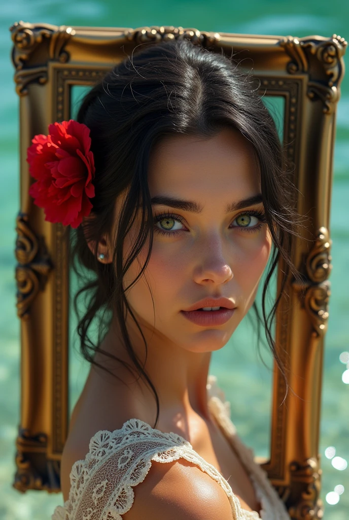 Take me a hyper realistic photo in 16:9 and 4k format of a young Andalusian woman with a red carnation in her hair inside a "hand-carved frame decorated with sheets of darkened gold paper" on the shore of a crystal-clear green sea that is close to me and staring me straight in the eyes with her dark green eyes.

