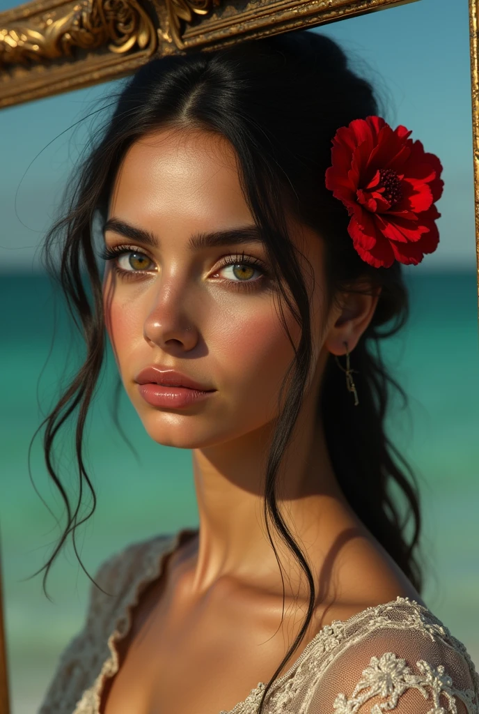Take me a hyper realistic photo in 16:9 and 4k format of a young Andalusian woman with a red carnation in her hair inside a "hand-carved frame decorated with sheets of darkened gold paper" on the shore of a crystal-clear green sea that is close to me and staring me straight in the eyes with her dark green eyes.
