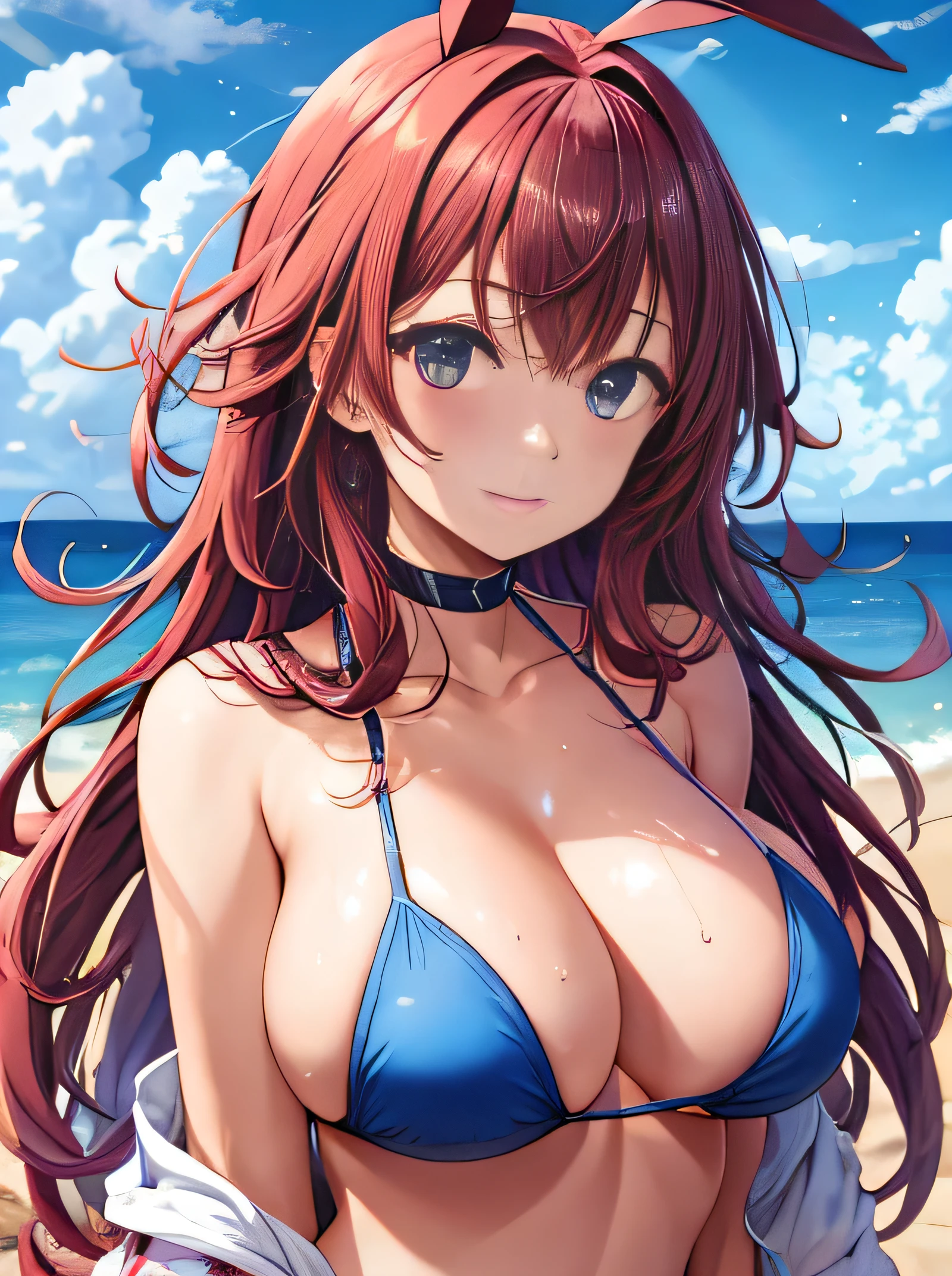 ((massive boob)), cleavage, chubby, belly, big butt, see through bikini, sweaty, cute face, small face, summer, long hair, red hair, girl, sweaty, blue ocean, blue sky