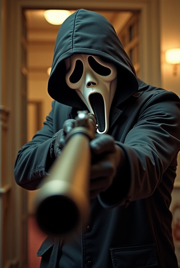 Man robbing a bank with the Scream mask while aiming with a rocket launcher