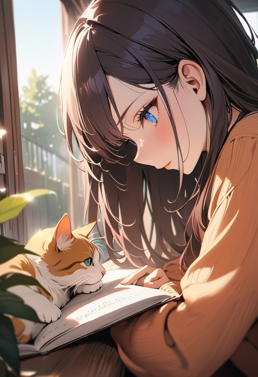(masterpiece, best quality:1.5), (high resolution 8K), detailed eyes and face, detailed body,
BREAK (1 girl, long hair, black hair, straight hair, short bangs above brows, blue eyes, small breasts,
BREAK profile, from side,
BREAK Young girl with a peaceful expression, sitting by a window, reading a book
BREAK Cozy interior, soft natural sunlight streaming through the window
BREAK a Cat curled up nearby, potted plants on windowsill, 1 beautiful cat,
BREAK Warm color palette, photorealistic style, depth of field, 8k resolution