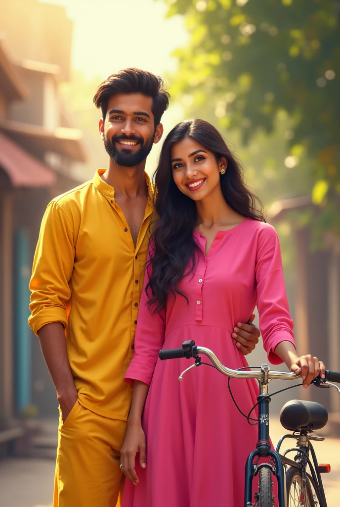 Priya Gautam pink colour ki kurti pahni thi with boyfriend rustam yellow with 🚲