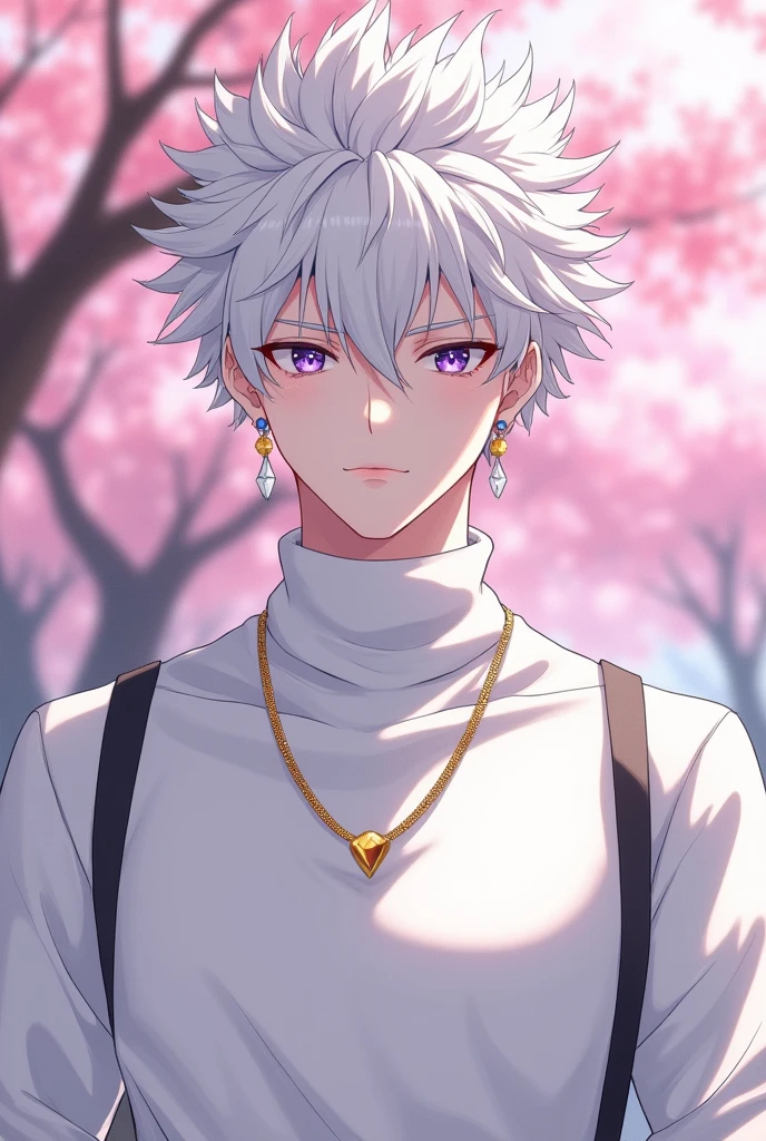 anime character, White hair, spiky hair, Pale skin, purple eyes, Long white eyelashes, male, muscular, white small earrings, big glossy lips, cherry blossom trees, grey eyebrows, white sweater, golden necklace
