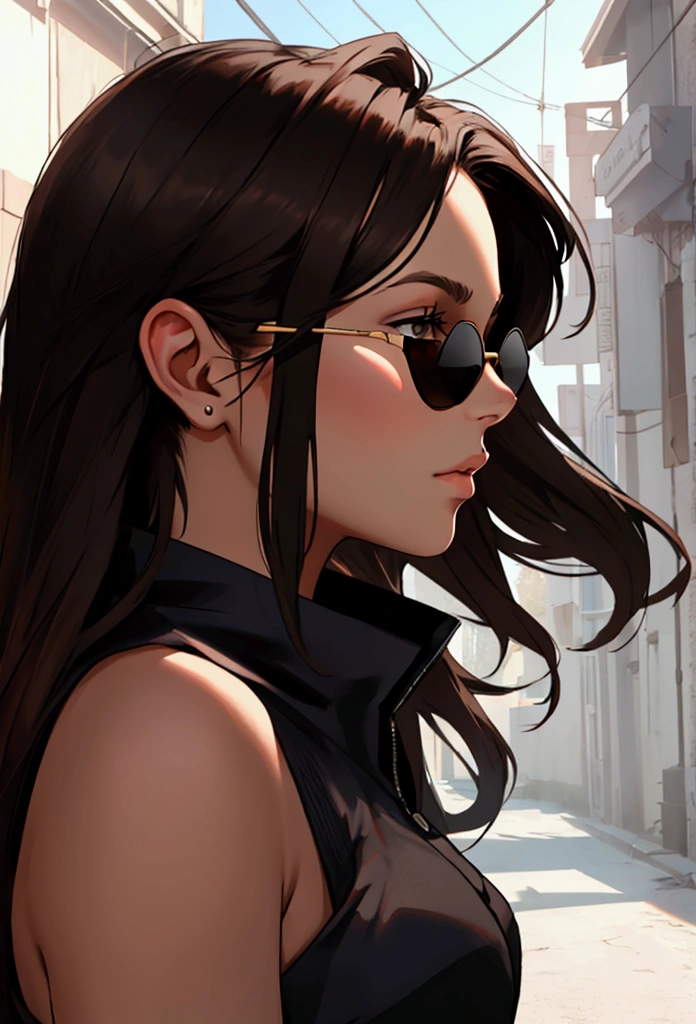 Create profile of young woman with dark brown hair, to wear black sunglasses