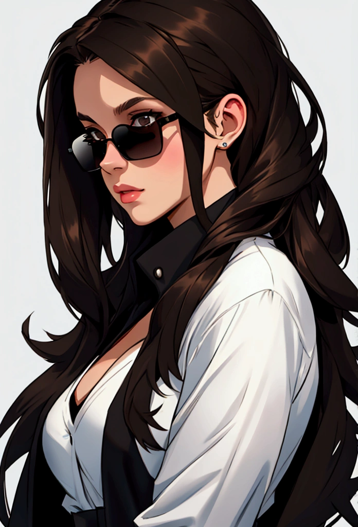 Create profile of young woman with dark brown hair, to wear black sunglasses