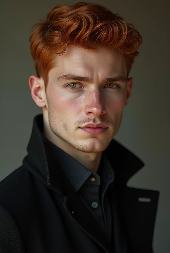Young, red-haired man with short hair and hazel eyes. White complexion and usually dresses in black, relaxed look and quite attractive, more like an Englishman.