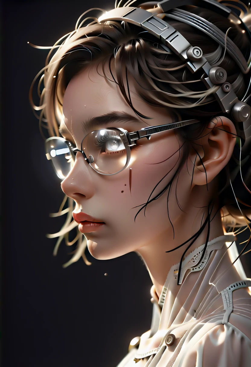 top quality,The perfect masterpiece,The perfect work of art,official works,8 K,, (upper body portrait:1.3),((visible from the side:1.5)),close-up lens,gentle face,, ,White haired girl,(hakuhatsu:1.5),short and medium hair,((White transparent eyes:1.5)),(White dress:1.2),(transparent clothes:1.2),(Black background:1.3),, pearl illusion,cyberpunk,fashion trend,3c material,a high resolution,detailed presentation,C4D,3d,Octane rendering,Ray tracing,complex parts,animated lighting,OCrenderer,