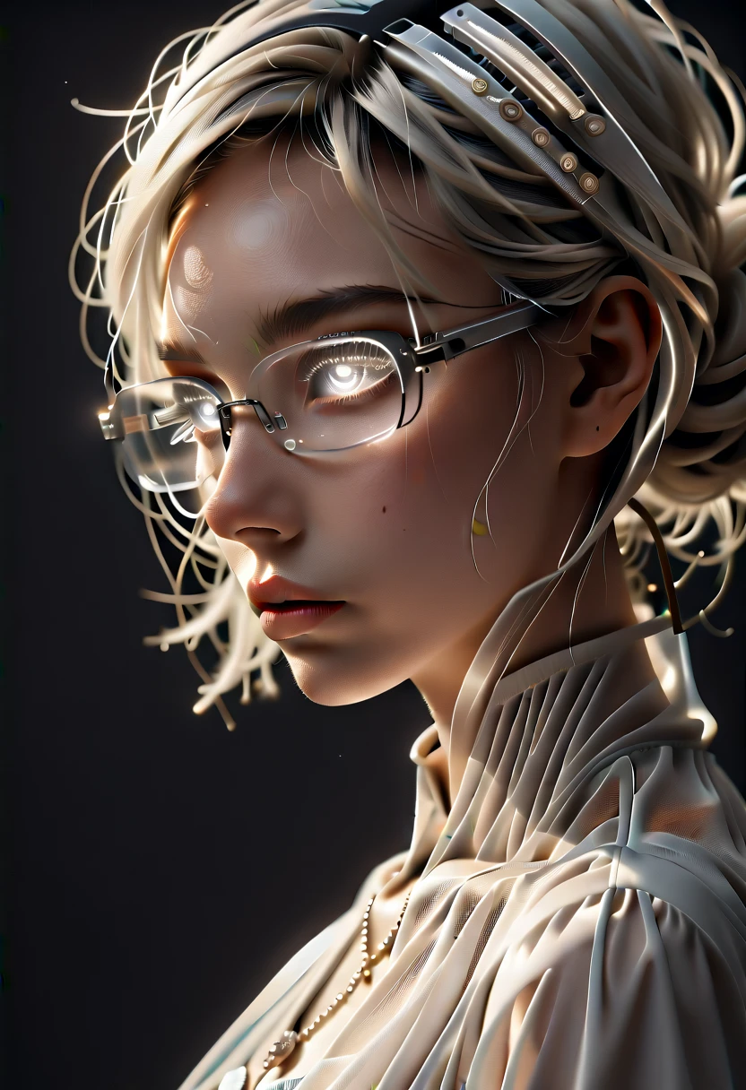 top quality,The perfect masterpiece,The perfect work of art,official works,8 K,, (upper body portrait:1.3),((visible from the side:1.5)),close-up lens,gentle face,, 17 years,White haired girl,(hakuhatsu:1.5),short and medium hair,((White transparent eyes:1.5)),(White dress:1.2),(transparent clothes:1.2),(Black background:1.3),, pearl illusion,cyberpunk,fashion trend,3c material,a high resolution,detailed presentation,C4D,3d,Octane rendering,Ray tracing,complex parts,animated lighting,OCrenderer,