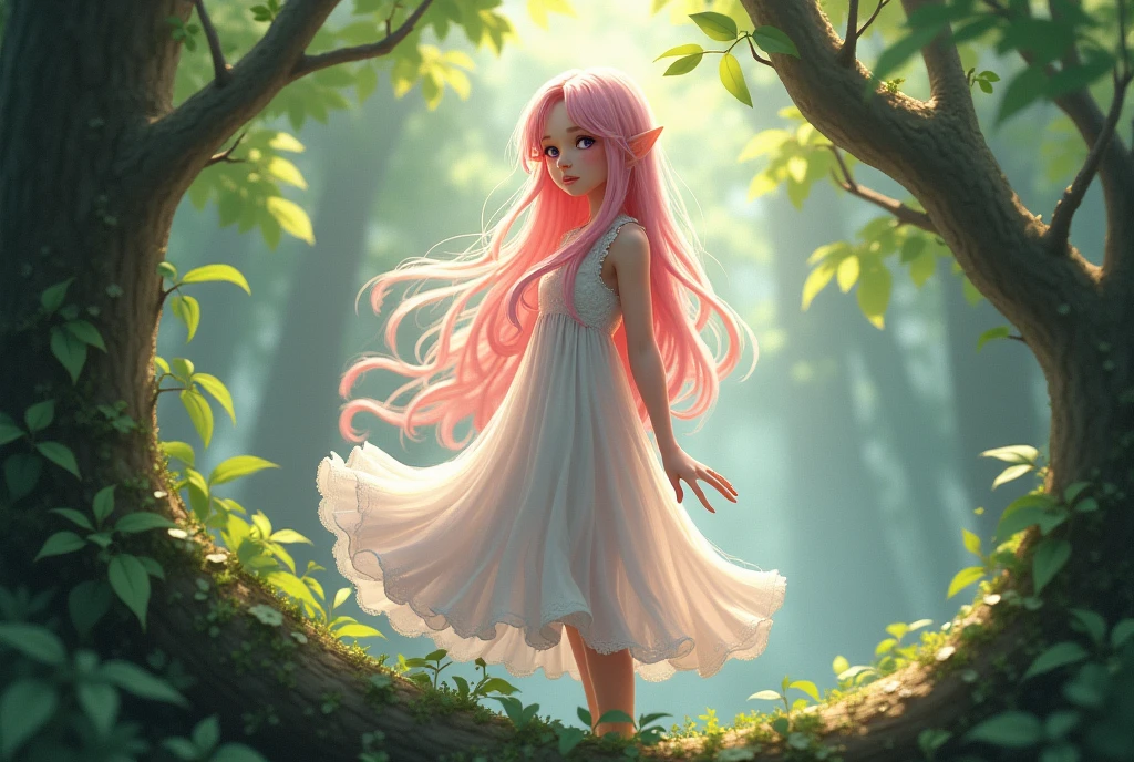 Beautiful girl standing on a tree、Dress、Fluffy frilly lace、Slender Body、An innocent smile、Pink Hair、Hollow eyes、A beautiful girl standing quietly、Deep purple eyes、Elf Ears