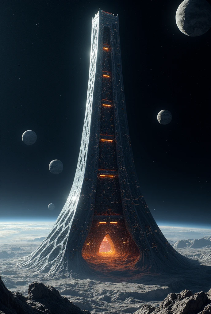 Spacetower made up of nanotechnology used for mining asteroid