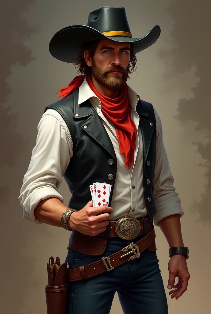 man, brown skin, chestnut hair, 
He has a long messy hairstyle,  with a white streak in his hair,
brown eyes, and a short, well-groomed beard. 
He has a normal physique, wears a black cowboy hat with a yellow band on it., 
He wears a black vest over a rolled-up white dress shirt, a red scarf around his neck, pants with a buckle, and boots with spurs. He is cheerful and well-liked, and he carries two decks of cards with him I would like it to be in a mature style, with the art in a fantasy and RPG style set in the Old West. in 1857