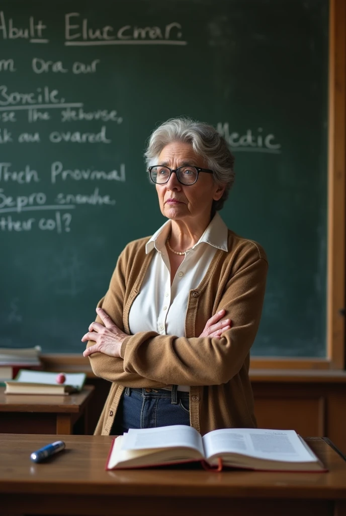 An girl adult learner portrayed with more detail—perhaps sitting at a desk or standing at a chalkboard. The figure could be depicted as mature, with elements like glasses, a thoughtful expression, or an open book in hand, representing the seriousness and self-motivation often found in adult learners.