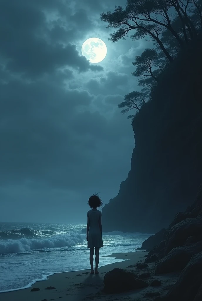 The wind whispered through the branches of the trees, Carrying with it the scent of damp earth and decomposed leaves.
The sound of the sea waves was present on the silent cliff. Above a thin boy standing on the shore, Her pale skin shone in the moonlight and her night-black hair blew in the wind., His shaky breathing and flooded eyes conveyed a deep sadness., His intense loneliness filled the atmosphere making it dense, difficult to breathe.