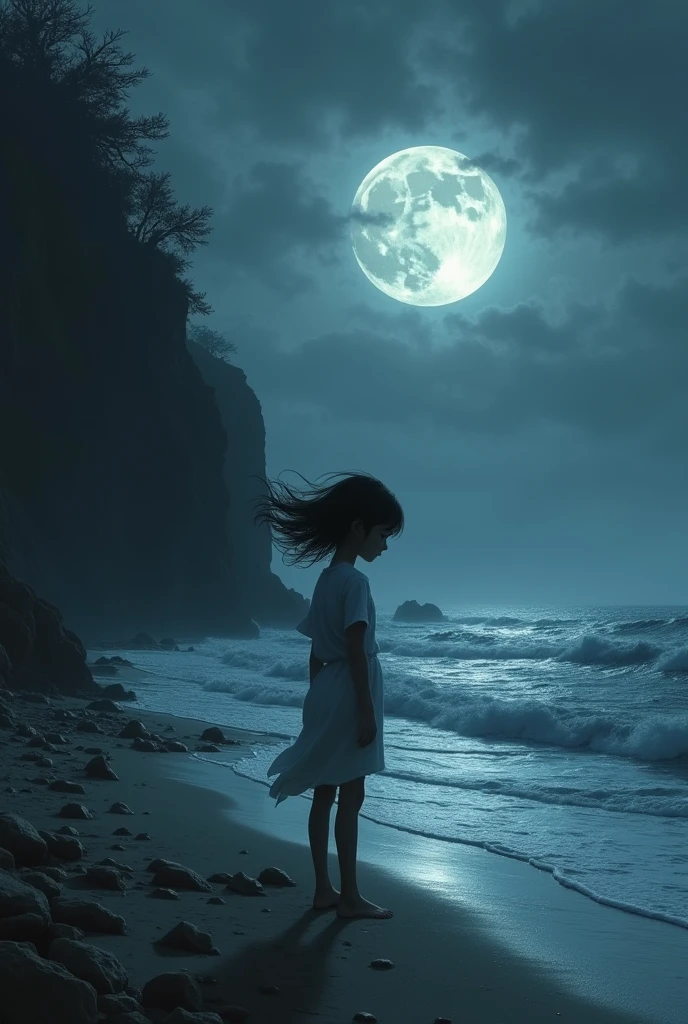 The wind whispered through the branches of the trees, Carrying with it the scent of damp earth and decomposed leaves.
The sound of the sea waves was present on the silent cliff. Above a thin boy standing on the shore, Her pale skin shone in the moonlight and her night-black hair blew in the wind., His shaky breathing and flooded eyes conveyed a deep sadness., His intense loneliness filled the atmosphere making it dense, difficult to breathe.