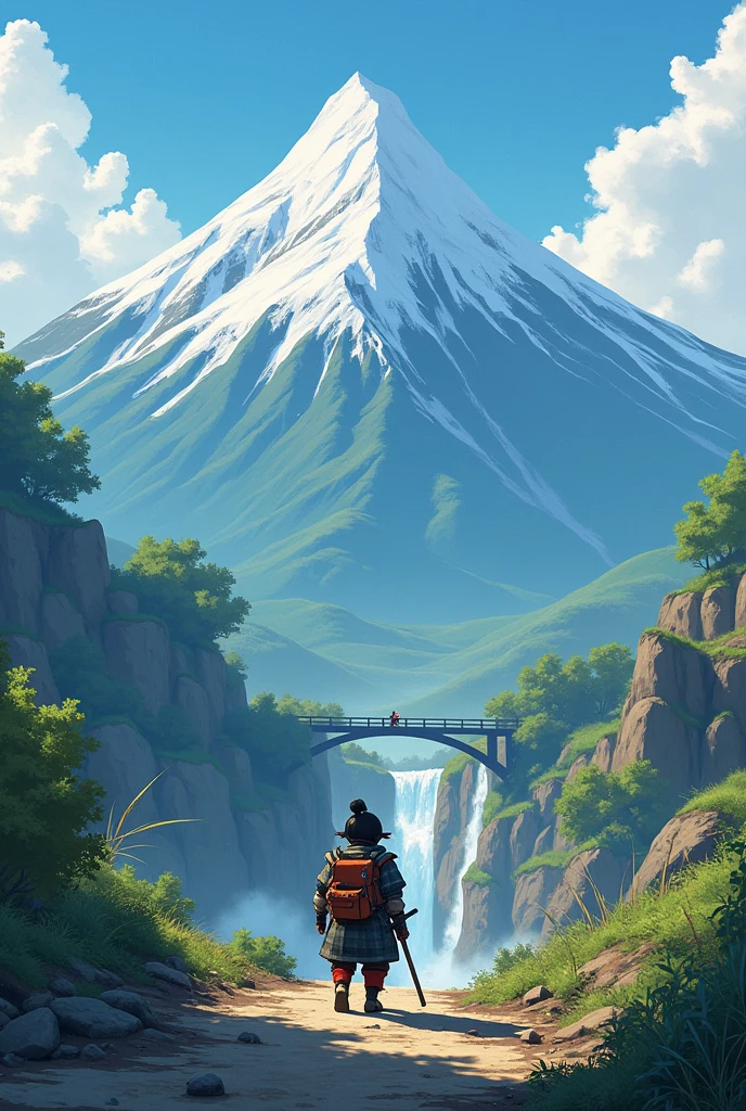 Hiroshi the little samurai prepared his small bag with some provisions and set off towards the mountain. On the way, found a broken bridge.