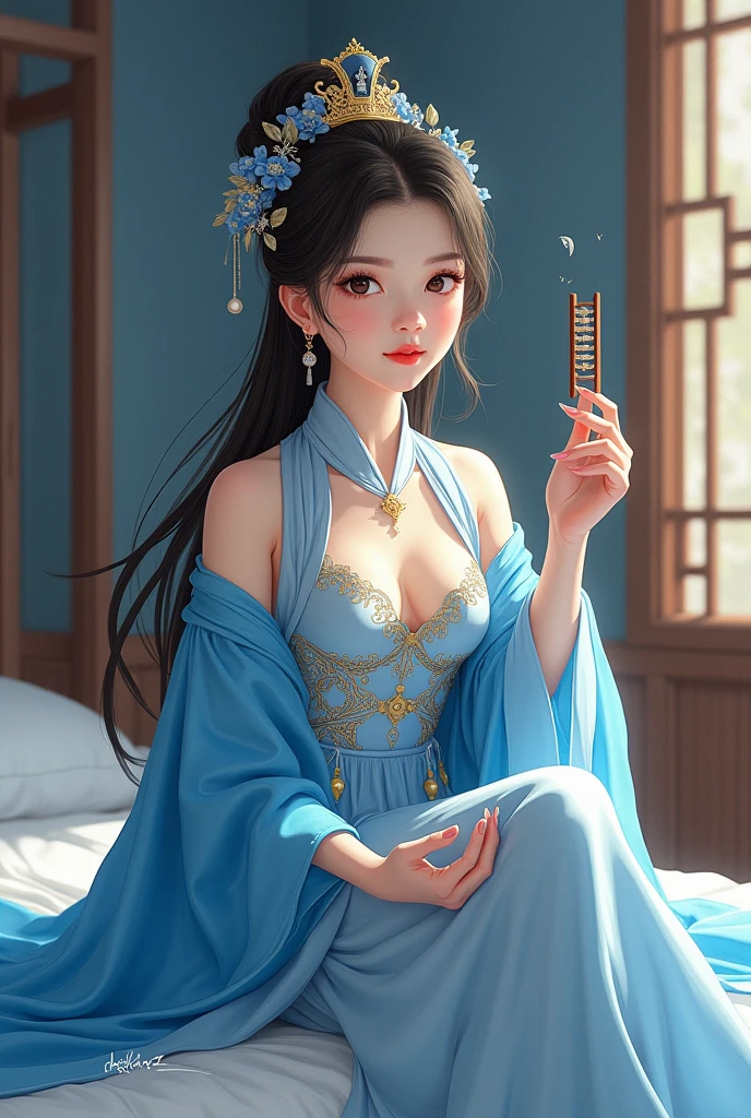 Drawing a portrait drawn on an iPad. A 1 Chinese girl wearing a blue gradient ancient Chinese costume, sitting with her knees raised on a bed, throwing an abacus in her hand. She has a beautiful, sly face, sharp eyes, a good figure, long legs, and a big chest. It doesn&#39;t have to be drawn very realistically. An ancient Chinese novel cover.
