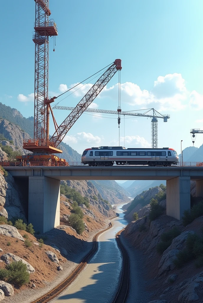 A real construction site which is halfway made real overbridge, with a rail track and a train down the bridge, side views with a blue sky background , a concrete crane in the site, the whole should be a real image.