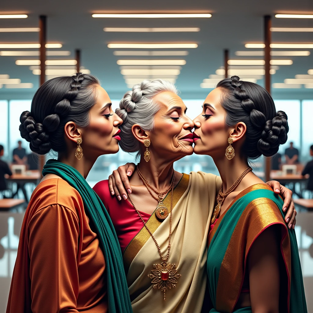 In the road, two mature indain ladies in sarees,kissing,their straight bottom curl bob length hair made in to scalp curl slick multiple small small ponytails are 10 liters of oil poured over their hairs making slick shinning like mirrors,tongues are highly visible,Hairs strictly as per image,Stricly as per the image,