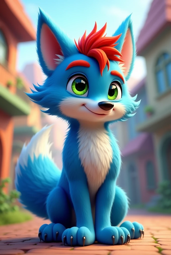 Fursuit furry blue wolf, red hair, Red eyebrows, green eyes, male, cartoon theme 