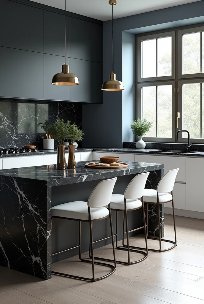 Professional 3d architecture rendering design of modern kitchen with So dark blue vintage and dark gray and white modern white French design chairs shiny black marble island island and modern windows and complete showing kitchen