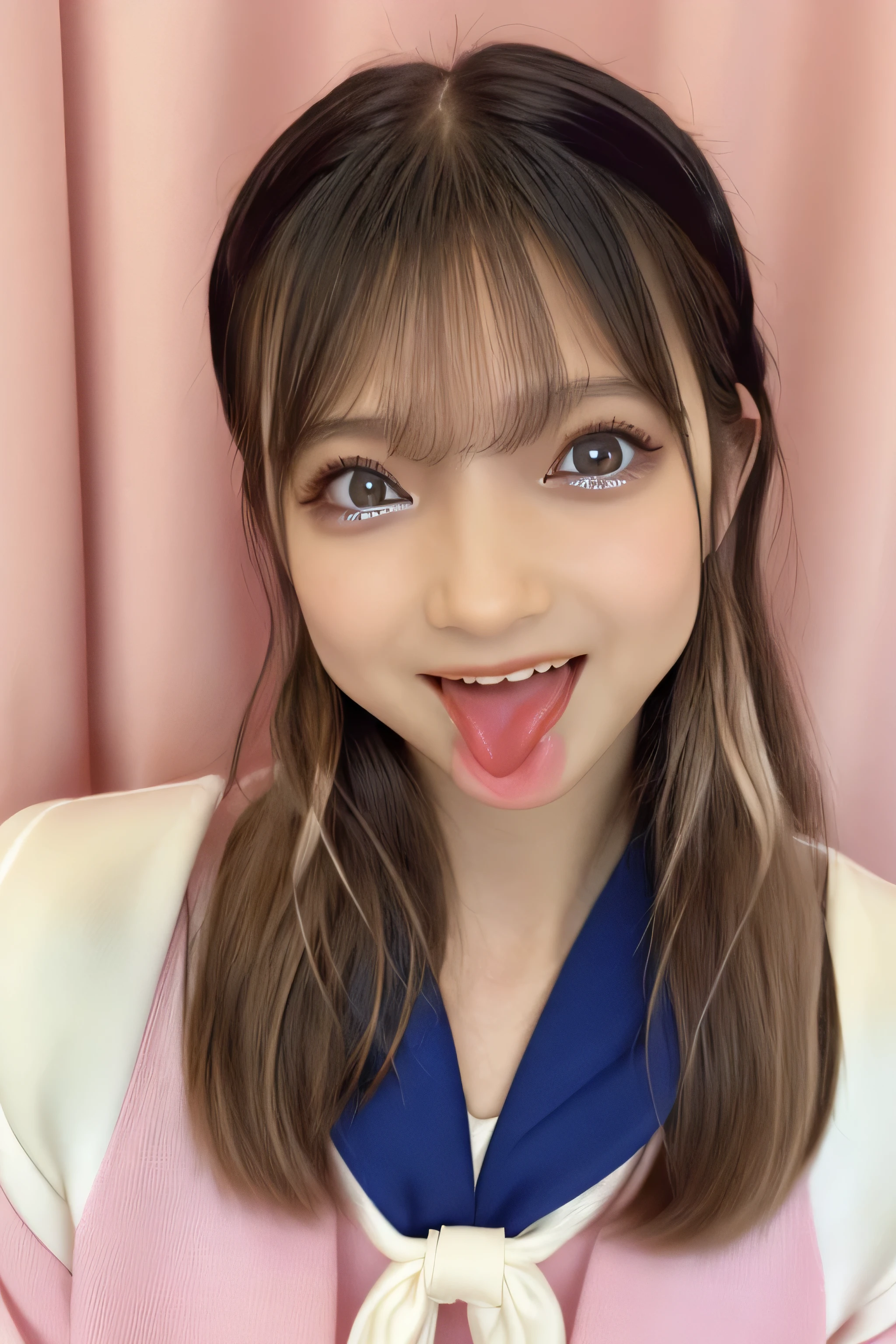 (Highest Resolution, clear_Image 1.2) 、(Beautiful girl with golden ratio face)、()、(Very lively eyes、wolf eyes 1.2)、wonderful, Tabletop, Attention to detail, Lip gloss、(((Twin-tailed rabbit style)))、so beautiful、 alone, Beautiful like a model、(Long sleeve sailor suit、Very fine pleated scarf, Beautiful and exquisite, Attention to detail nose,((((Licking tongue)))、Top quality photo masterpiece、Incredible photo realism、Surrealist female portraits by David Hockney and Alphonse Mucha,(((Looking into the camera)))、((((Serious Eyes)))、(((Add highlights to the eyes)))、(((Looking into the camera)))、幸せそうにsmile,Perfect Makeup,smile,()、(Very lively eyes、wolf eyes 1.2)、