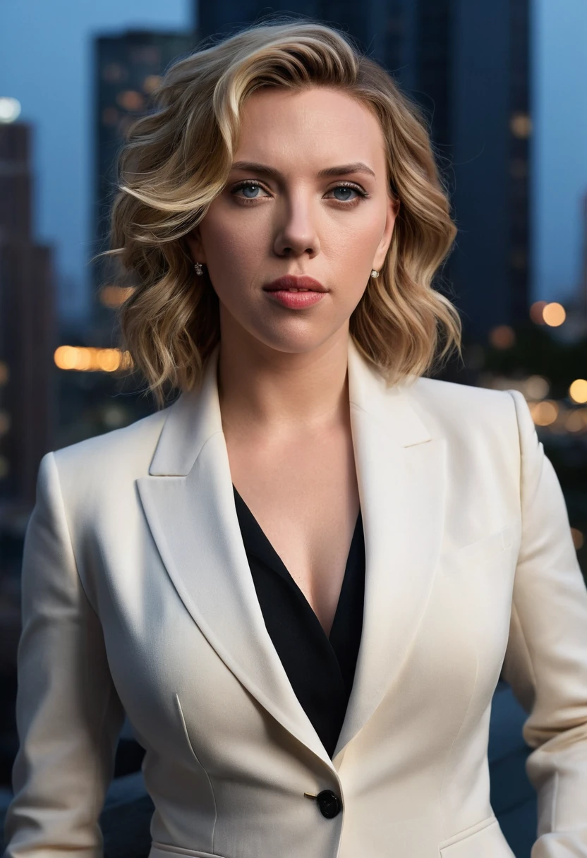 "Scarlett Johansson in a chic, tailored pantsuit with elegant hairstyles, set against a sleek, futuristic cityscape backdrop."