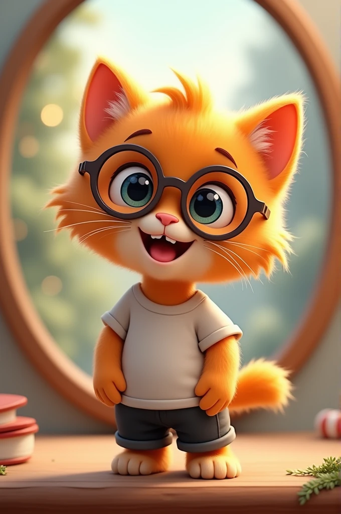 A cartoonish orange kitten wearing large round glasses and dental braces smiles happily in front of a circular mirror. The kitten has fluffy fur and a playful expression, dressed in a white T-shirt and black pants. The background is softly blurred, enhancing the focus on the kitten's cheerful demeanor.