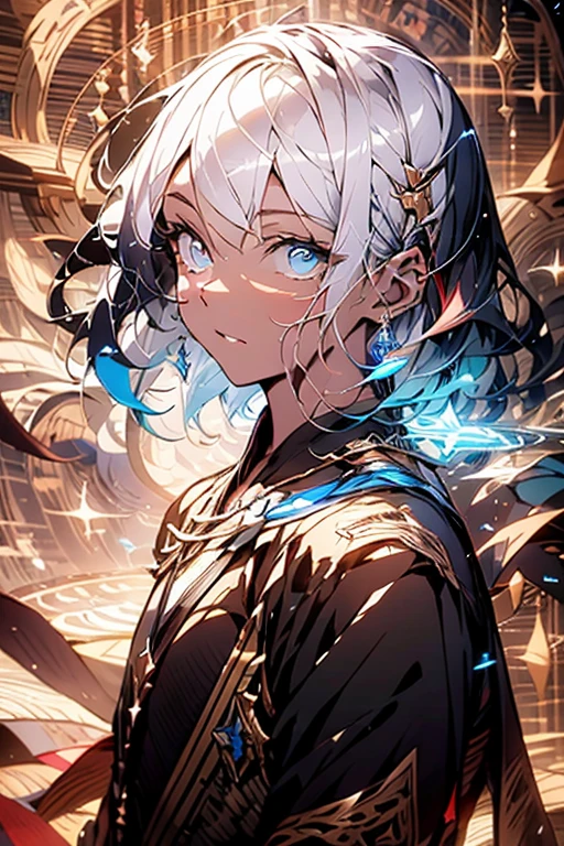 Realistically,(masterpiece,Top Quality,Highest quality,Official Art,Beauty and aesthetics:1.2),Very detailed,Fractal Art,colorful,Most detailed,Tangled,(Abstract background:1.5)(One person:1.3),Kamimei,White Hair,Short fine hair,(Glowing blue eyes),Mysterious,(magic),inflammation,Handsome