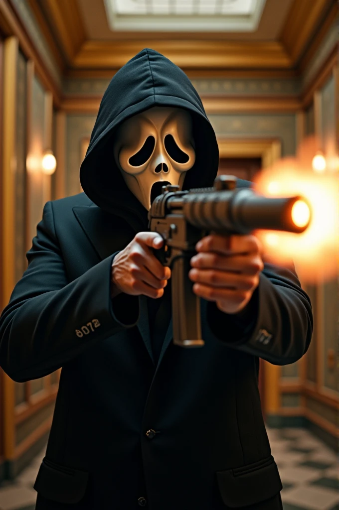 Man robbing a bank with the Scream mask while aiming with a rocket launcher