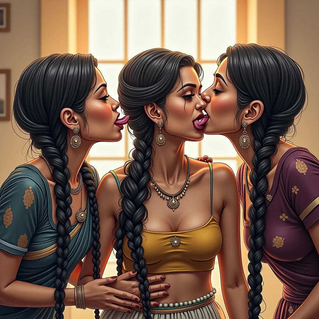 In indian home,2 younger indian lady & 60 yeras old eldery indian lady,total two indian ladies are involving wild kissing,exact french braided hairs by hair stylist Nikki Nelms,these two ladies wears petticoat and home maded bras with cloths as per image prompt,both of them are kissing each other by raided up their one hand and exposing armpits,These both ladies having super long armpit hairs like rapunzel hairs,As per elderity eldery lady having gray and black mixed armpit hairs since younger having fine black color rapunzel armpit hairs comes from armpit,These super long rapunzel armpit hairs are meticulaiursly braided in to cornror braids like multiple cornrow braids are there in armpits,Since younger the younger lady having huge breast tightend to her home made bra and eldery lady having eldery sagging breasts,however these super breast can be highly visible poppong out from their home made cloth bras,These all three ladies' faces are with showing full of sexual wildness showing out from their faces exact as in image prompt,Their eyes are fullfill with sexual wildness with raping hairs as per the imahe prompt,(Show me their tongues,long tongues:1.0) styled with 100000 liters hair oil,hairs like viscus oiled pulp,slick combed hair lines highly visible,{{{{Ladies wears perfect dresses in perfectt busty}}}},{{{{{NSFW}}}}},{{{{{{Hairs highly soaked}}}}}},{{{Hairs Drenched in water}}}}},{{{slick combed hair lines}}}},{{{{Hairlines reflecting shinning like mirrors with water}},{{{{{Showcase full bodies perfect figures}}}}},{{{{{High resolution perfecr color grading}}}}}},{{{Perfect hair buns on all three ladies exactly in image prompt}}}}}}},((((((((Generate ethnicity as imdian sexy build ladies))))))))),((((((Generate wildness poses where shows the wildness maturity of the sexually wildness and extremly extremly wildness in to hair licking by their tongues exatly as image prompt))))