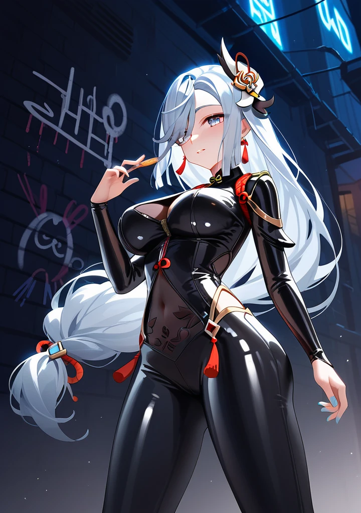 Girl, 20 years old, with long white hair down to below her waist, a serious yet tender expression, and red eyes. Her hair features black streaks. She wears antique-style clothing, a long black dress with a slit on the legs, and high black boots that almost reach her knees. Her power and background are related to shadows and darkness. dark escense, figth stance